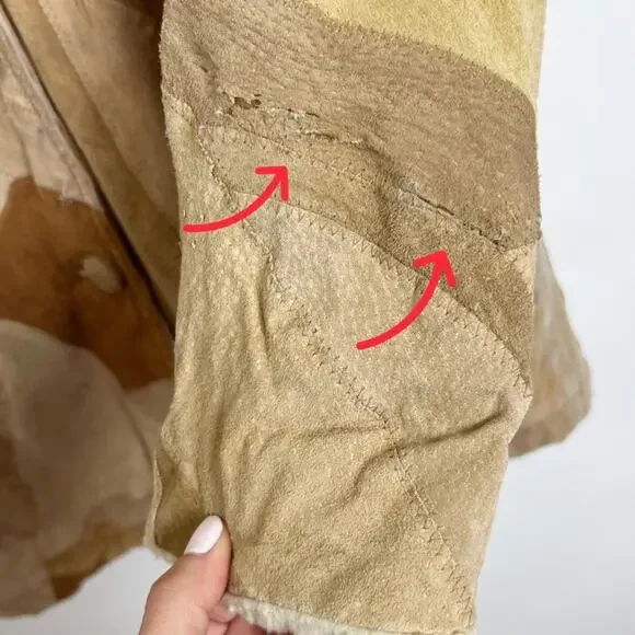 Retro Patchwork Leather Jacket Faux Sherpa Lined Medium - Picture 9 of 14